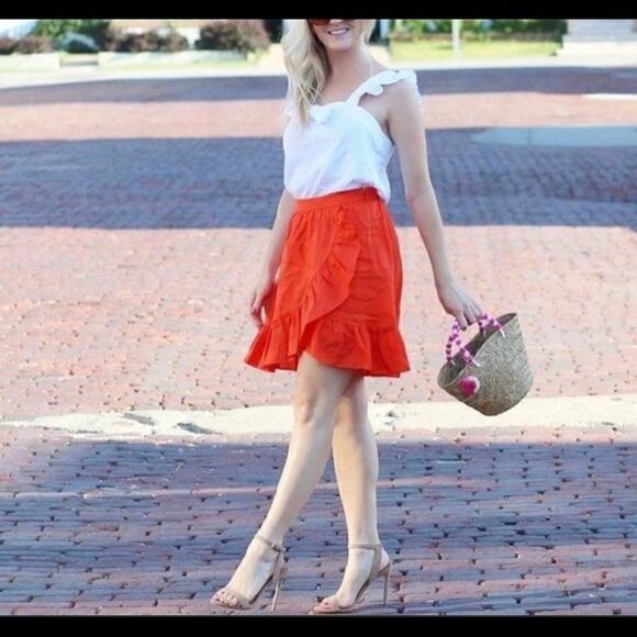 J Crew linen orange ruffled wrap skirt  size 14 - Picture 2 of 7